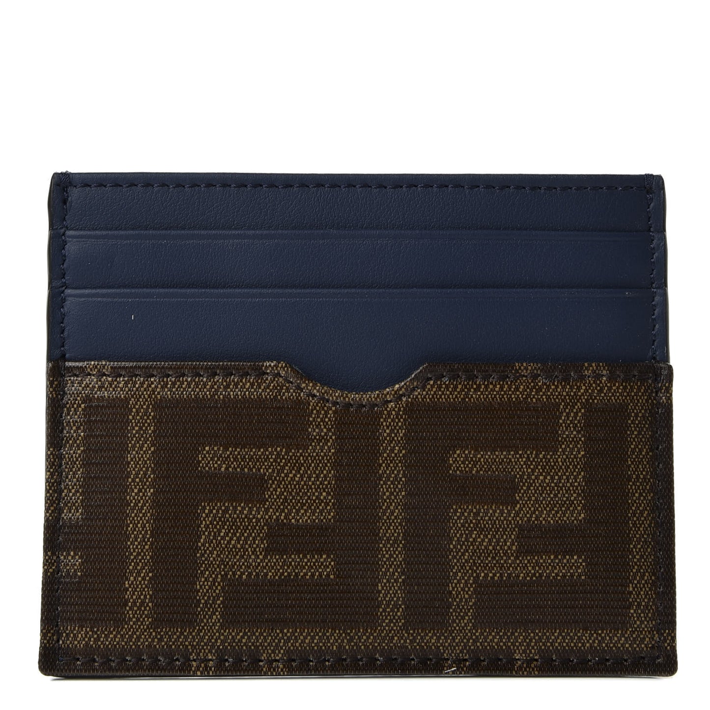 Vitello Century Glazed Fabric FF 1974 Card Holder Blu Scuro Mogano Panna