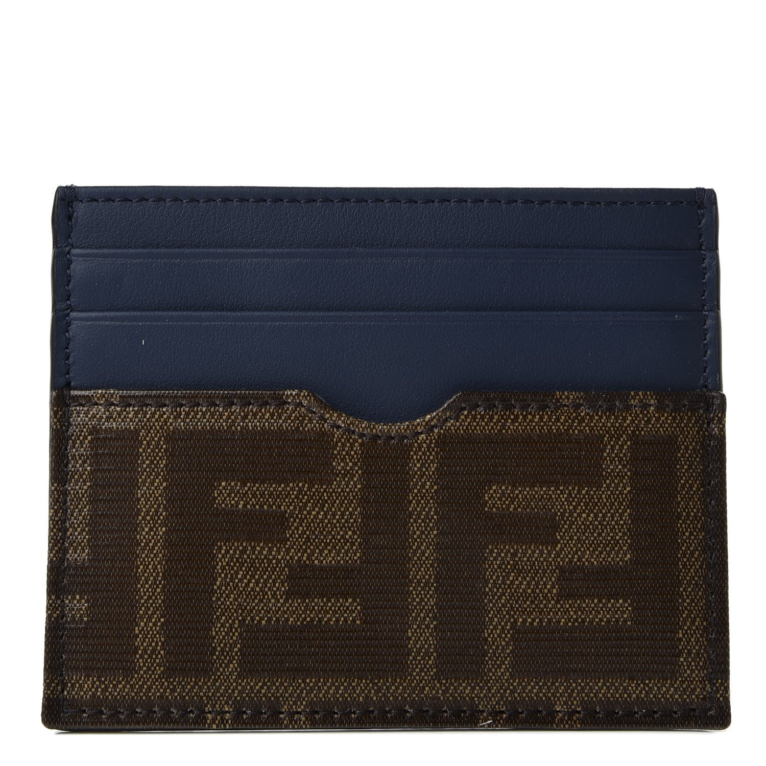 Fendi Vitello Century Glazed Fabric FF 1974 Card Holder Blu Scuro Mogano Panna 1 of 7