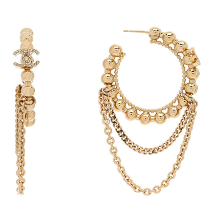 Chanel Metal Crystal Bead Chain CC Hoop Earrings Gold 1 of 4