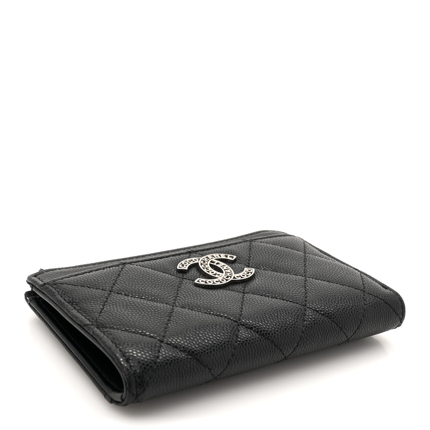 Caviar Quilted CC Logo Zip Around Card Holder Black
