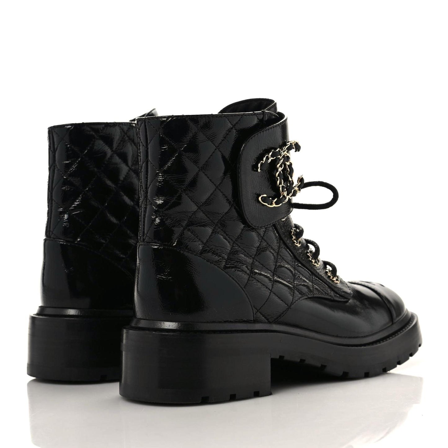 Shiny Calfskin Quilted Lace Up Combat Boots 38 Black