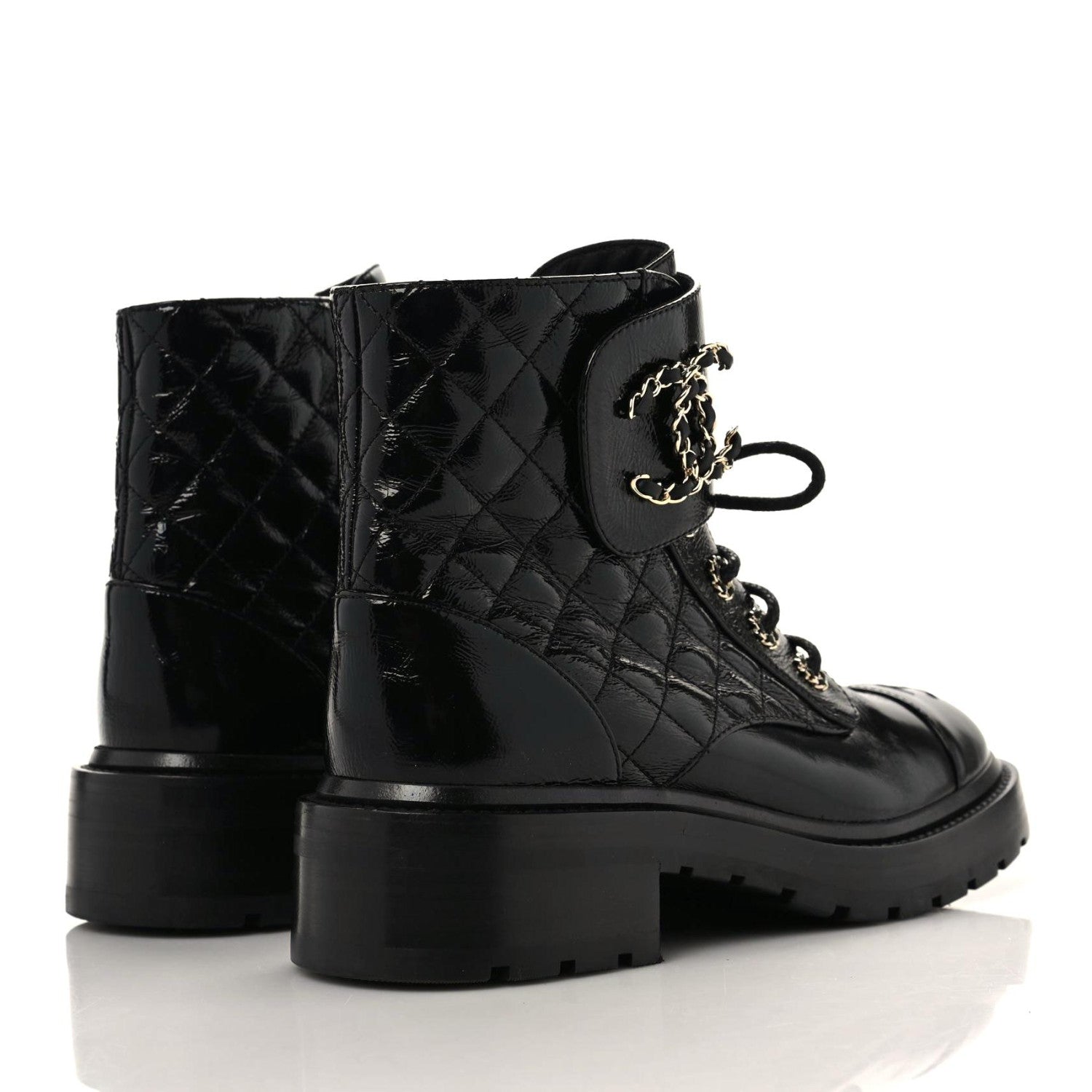 Chanel Shiny Calfskin Quilted Lace Up Combat Boots 38 Black 4 of 8