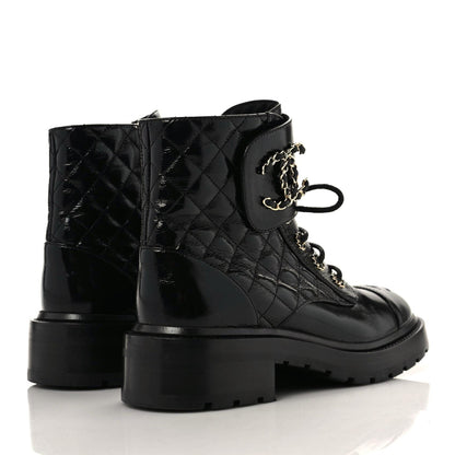 Chanel Shiny Calfskin Quilted Lace Up Combat Boots 38 Black 4 of 8