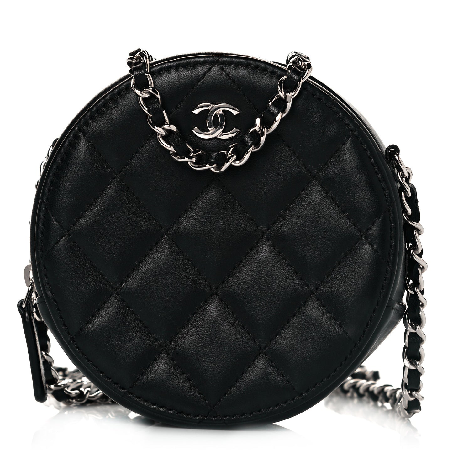 Lambskin Quilted Round Clutch With Chain Black