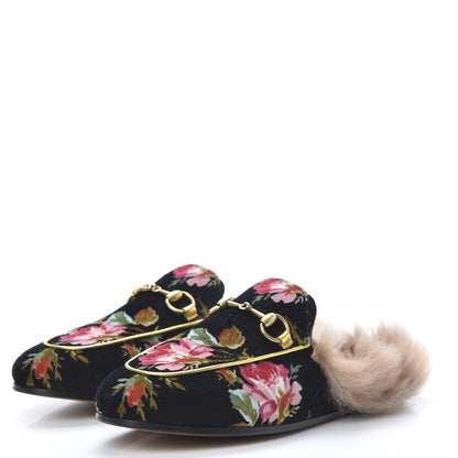 Gucci Velvet Fur Floral Womens Princetown Slippers 35 Black 3 of 7