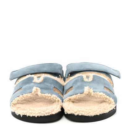 Hermes Suede Goatskin Woolskin Womens Chypre Sandals 38 Bleu Pinede Ecru 2 of 8