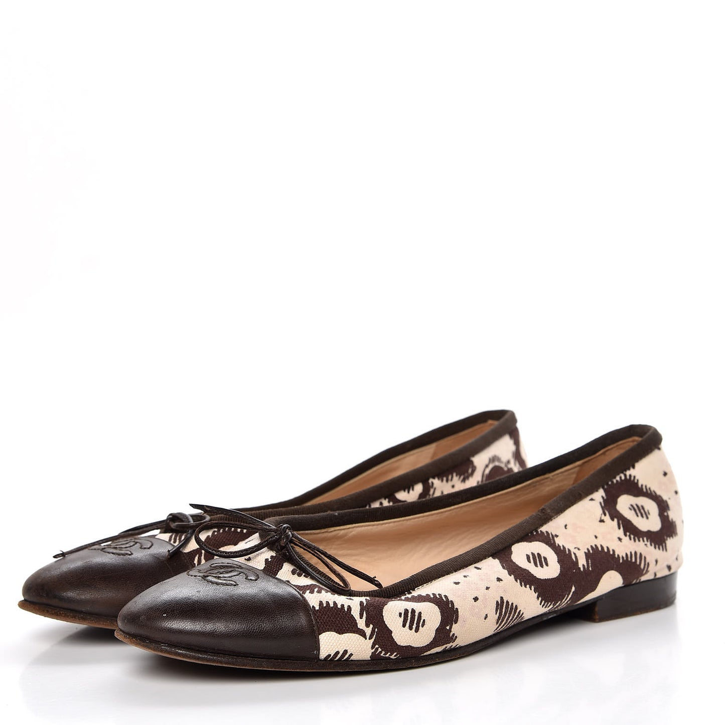 Lambskin Canvas Printed CC Cap Toe Ballerina Flats 39 Brown