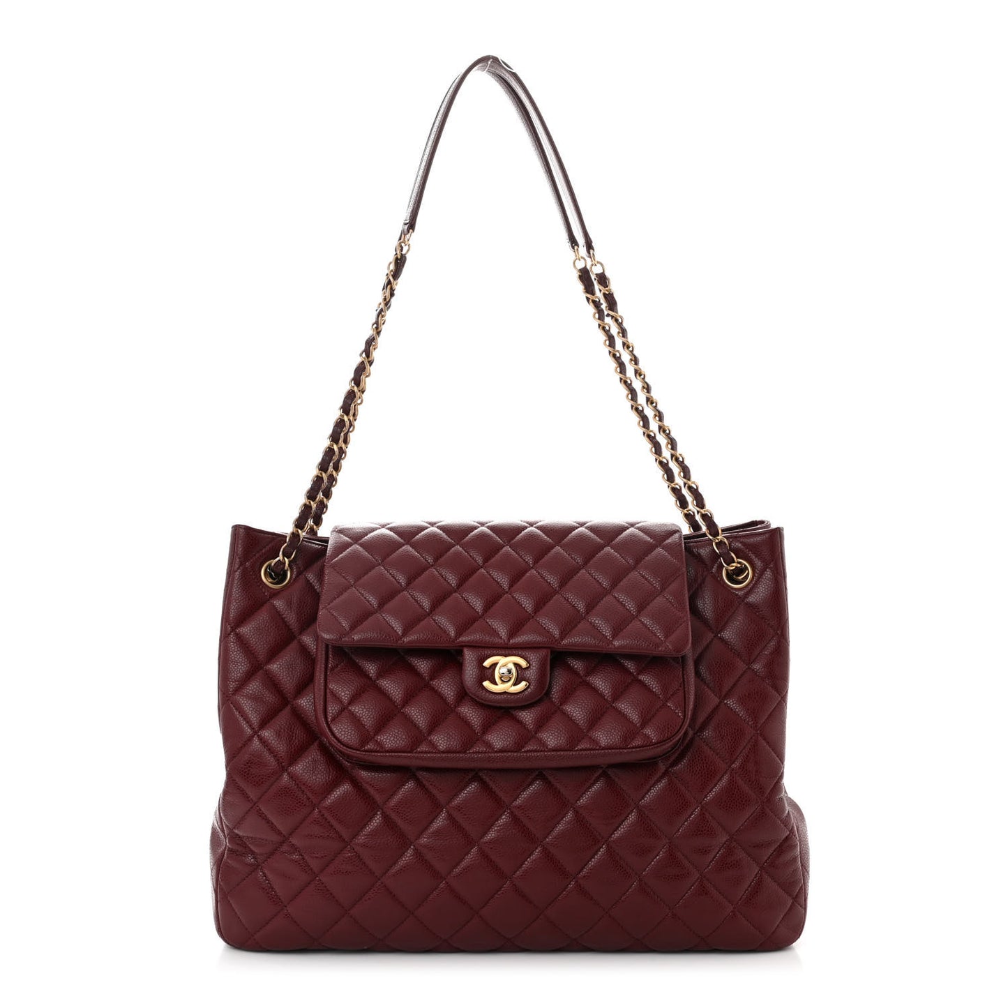 Calfskin Quilted Large Flap Shopping Tote Burgundy