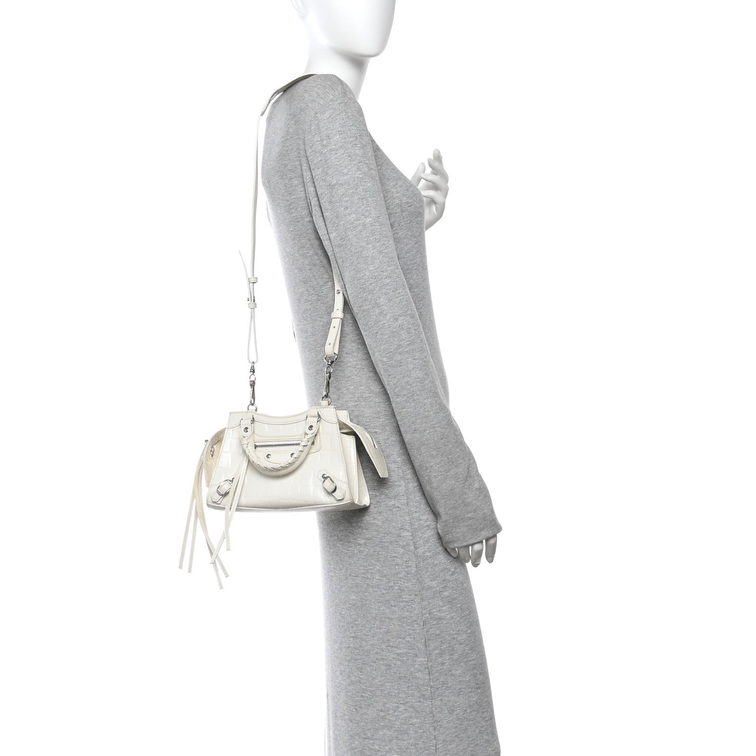 Balenciaga Semi Shiny Calfskin Crocodile Embossed Neo Classic Silver Hardware Nano City Crossbody White 2 of 15