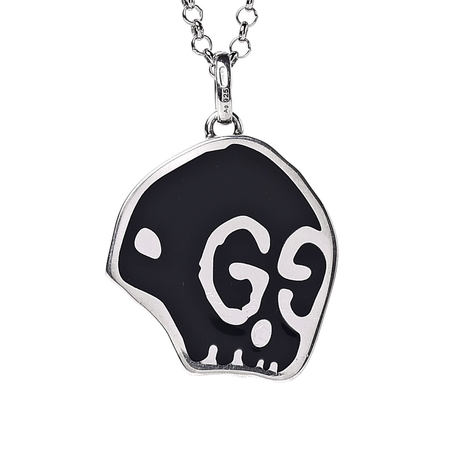 Gucci Sterling Silver Enamel GucciGhost Hamlet Skull Pendant Necklace Black 4 of 8