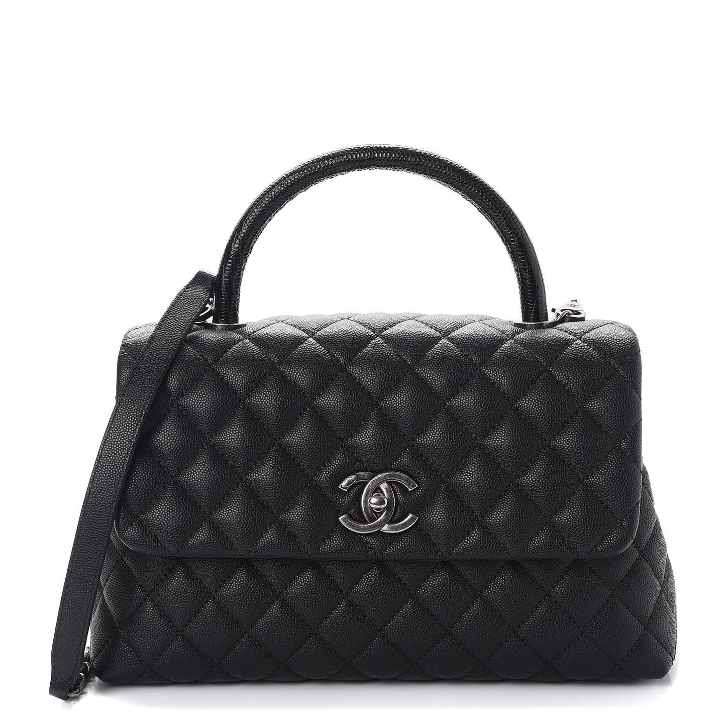 Caviar Lizard Quilted Small Coco Handle Flap Black