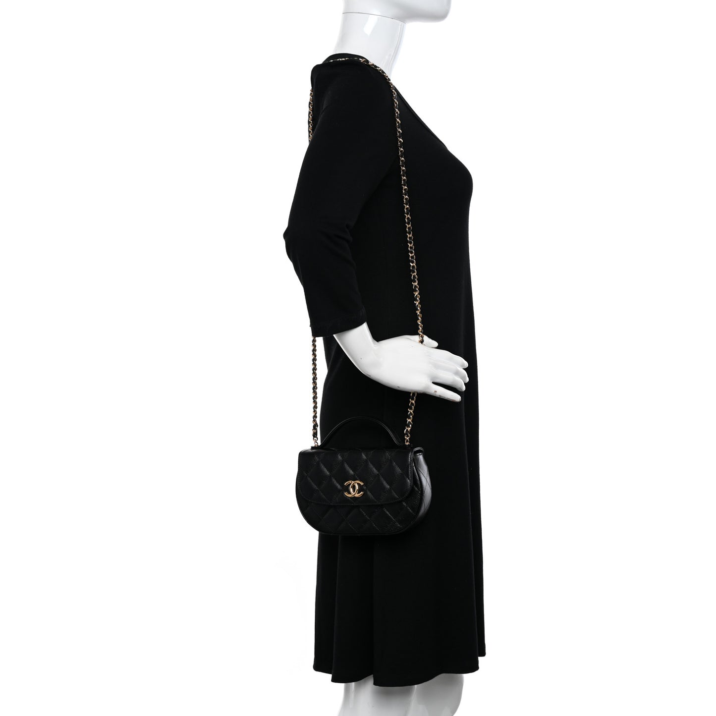 Shiny Aged Calfskin Quilted Top Handle Clutch With Chain Black