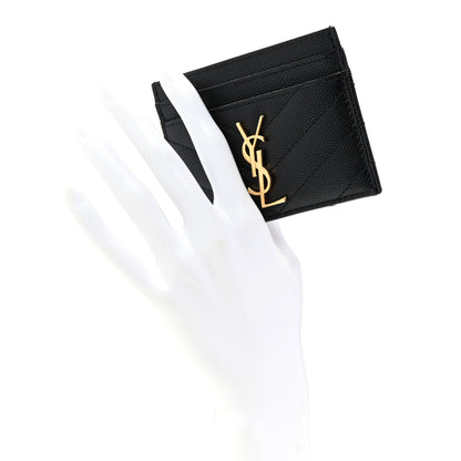 Saint Laurent Grain De Poudre Matelasse Chevron Monogram Credit Card Case Black 2 of 8