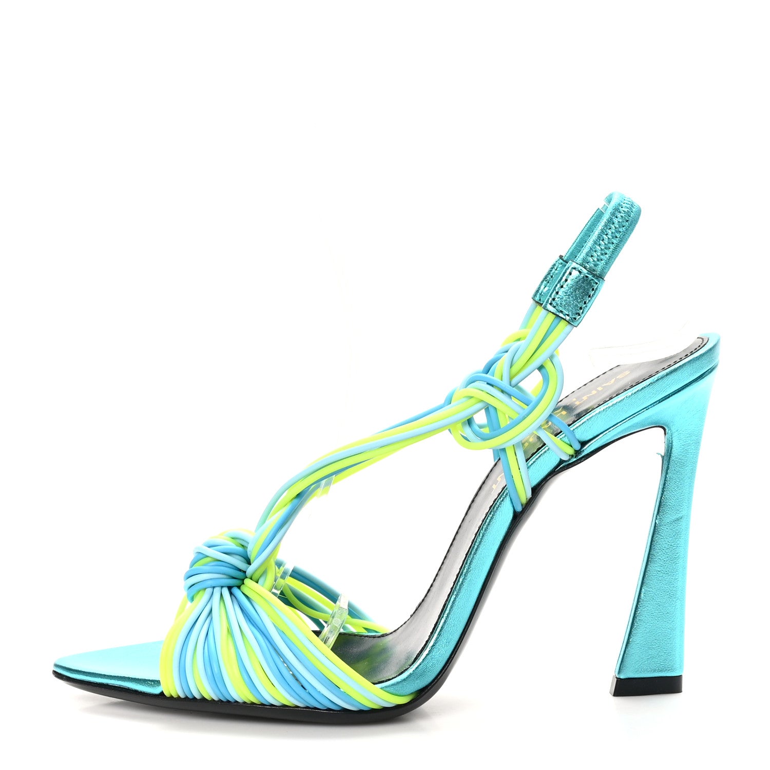 Saint Laurent Metallic Calfskin Gippy 105 Sandals 35.5 Cerulean Giallo Fluo 1 of 9