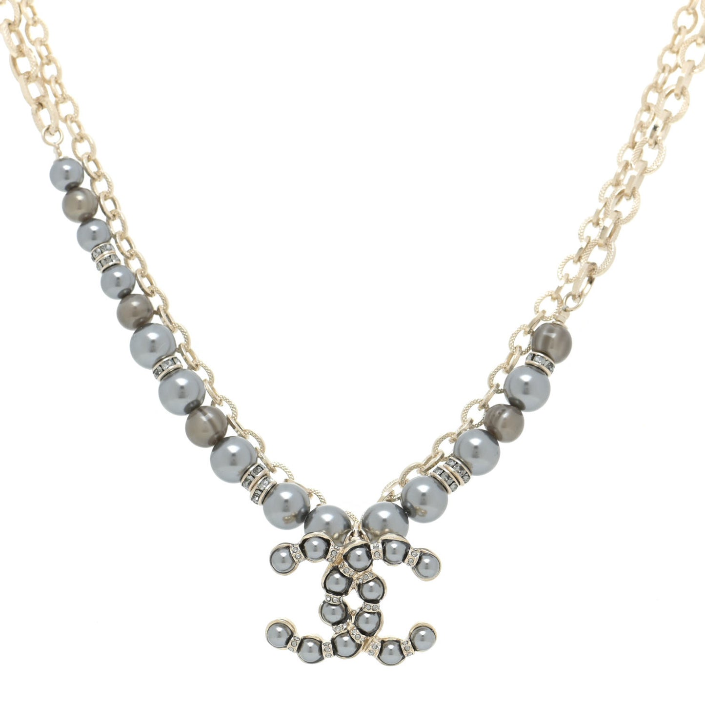 Crystal Pearl Nefertiti CC Double Chain Pendant Necklace Gold Dark Grey