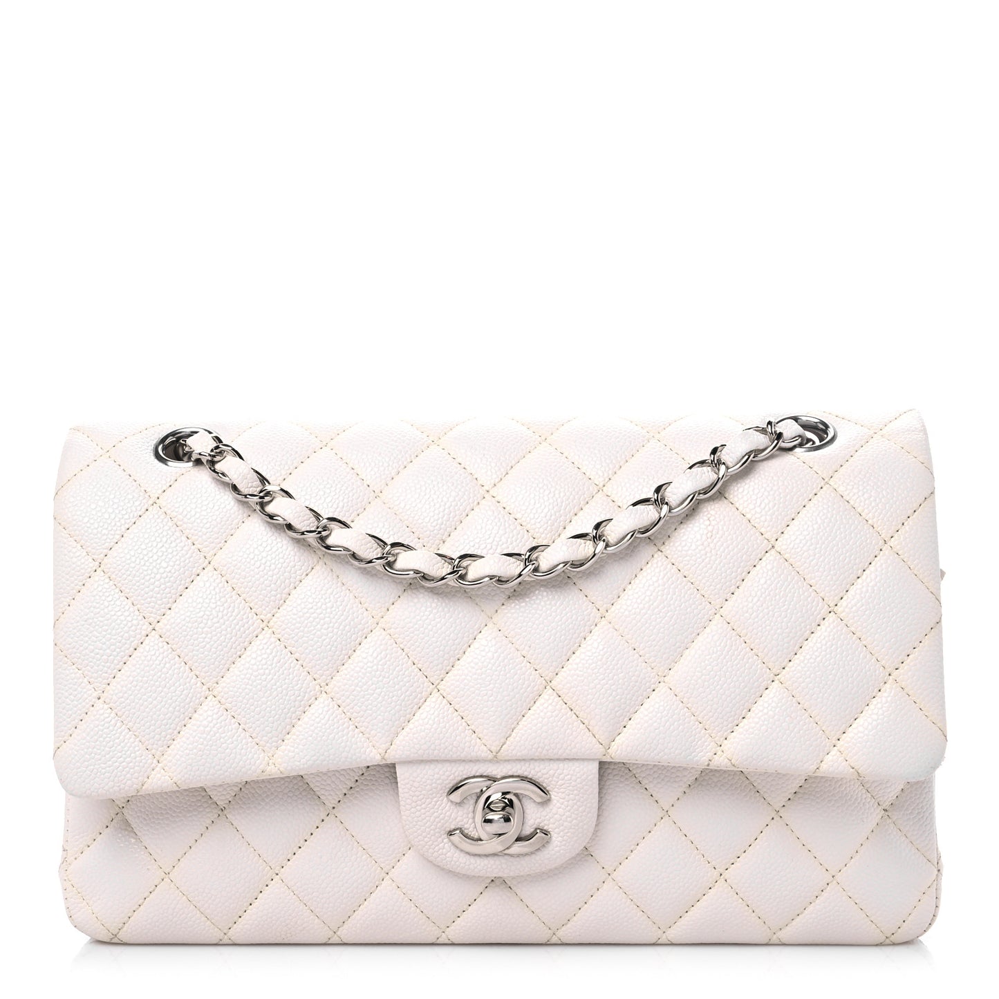 Caviar Quilted Medium Double Flap White