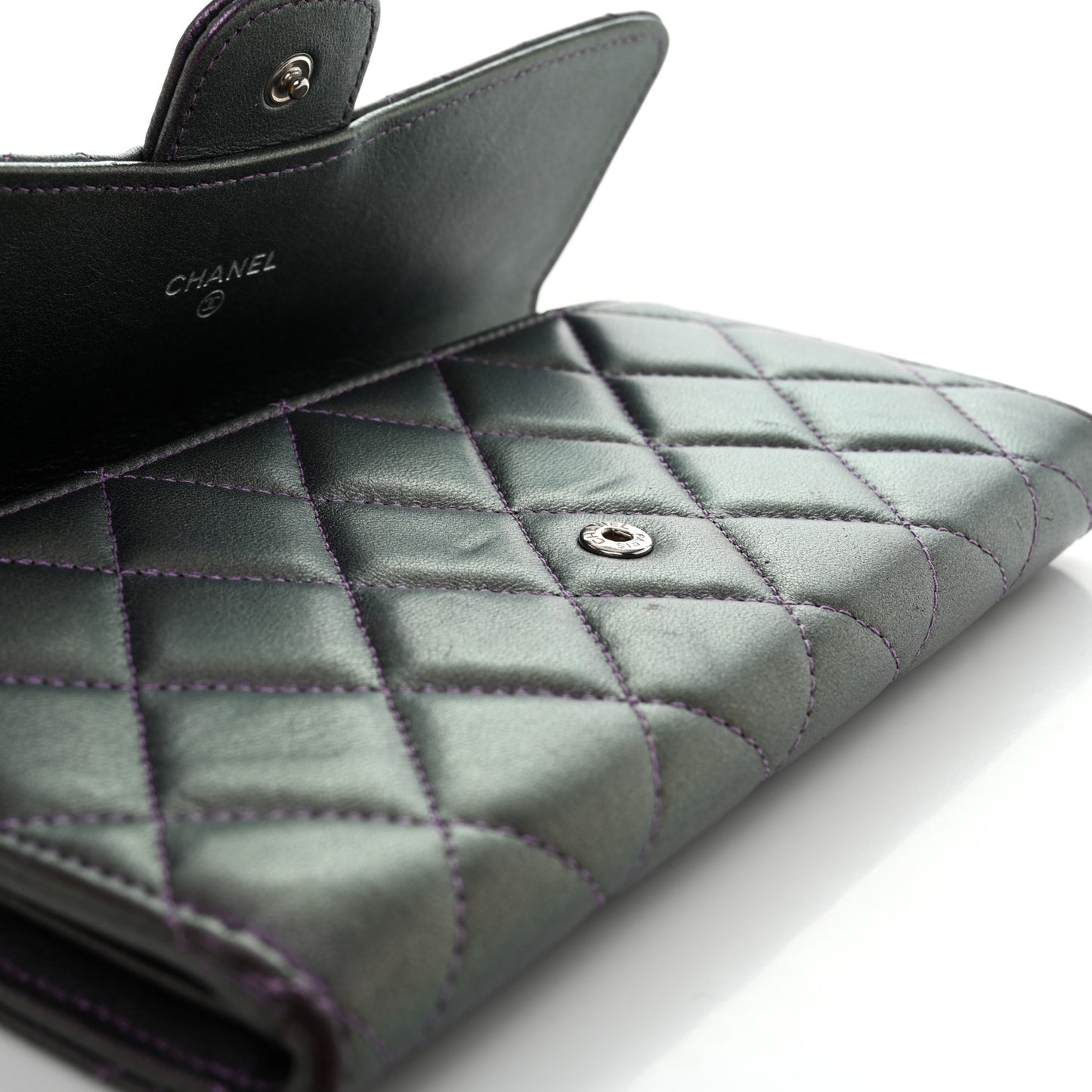 Iridescent Lambskin Quilted Large Gusset Flap Wallet Purple