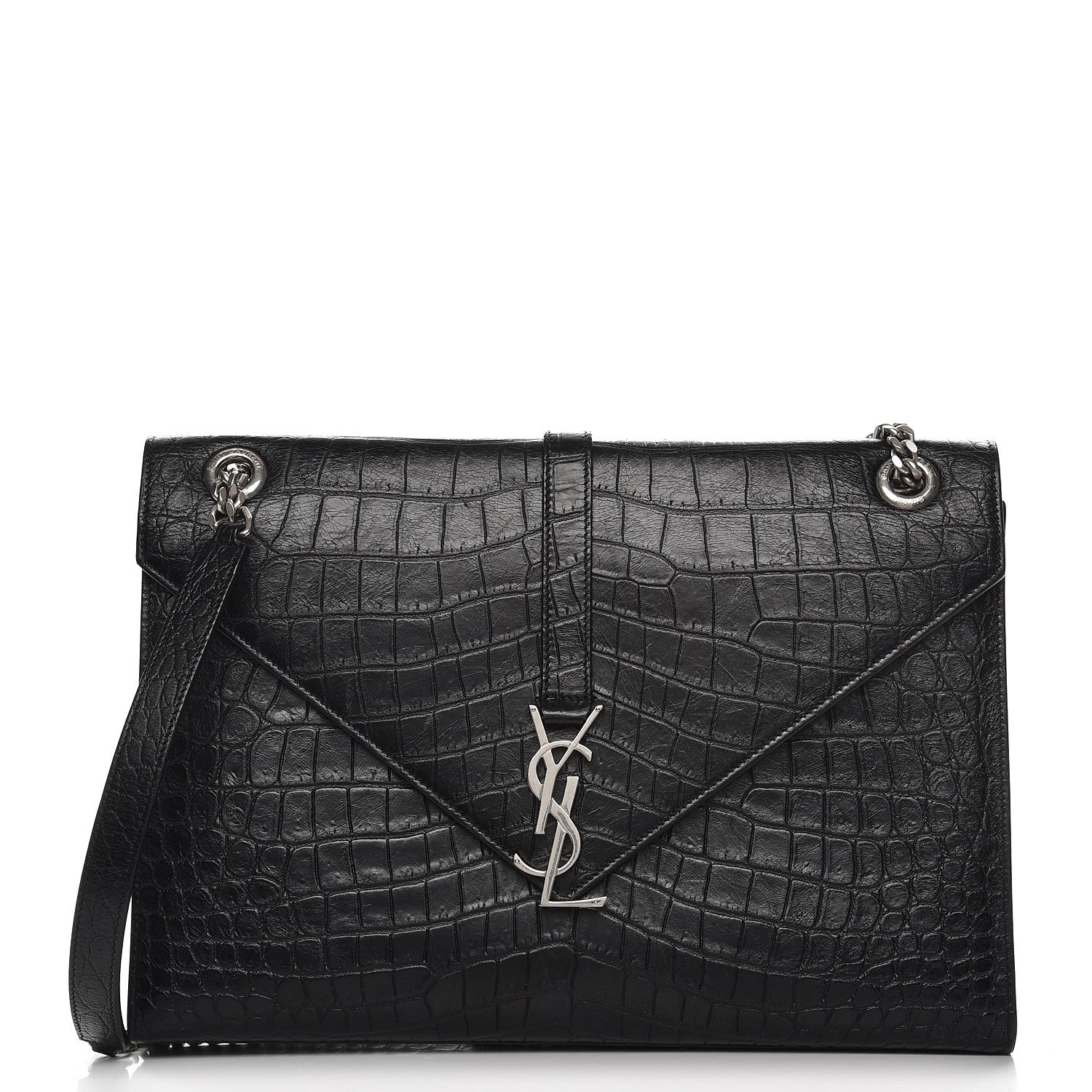 Saint Laurent Calfskin Crocodile Embossed Monogram Large Satchel Black 1 of 8