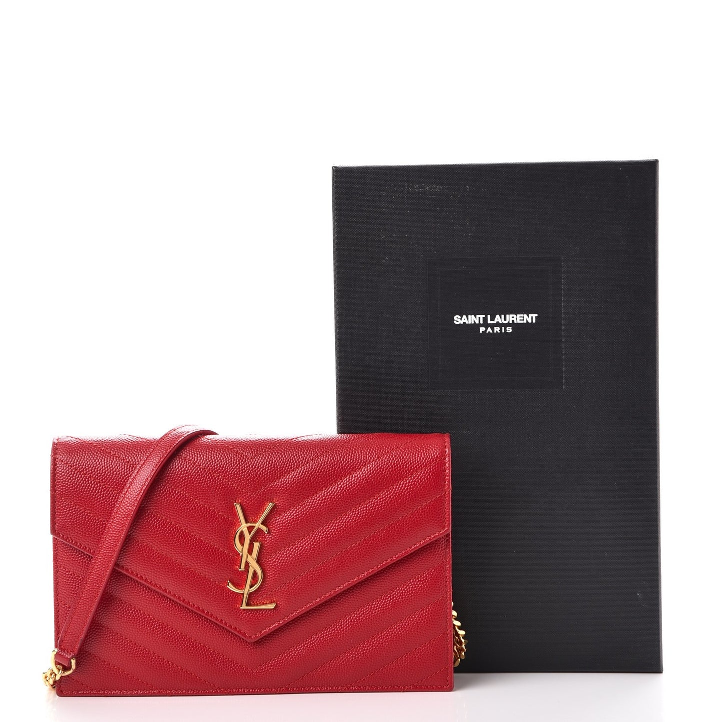 Grain De Poudre Matelasse Chevron Monogram Envelope Chain Wallet New Red