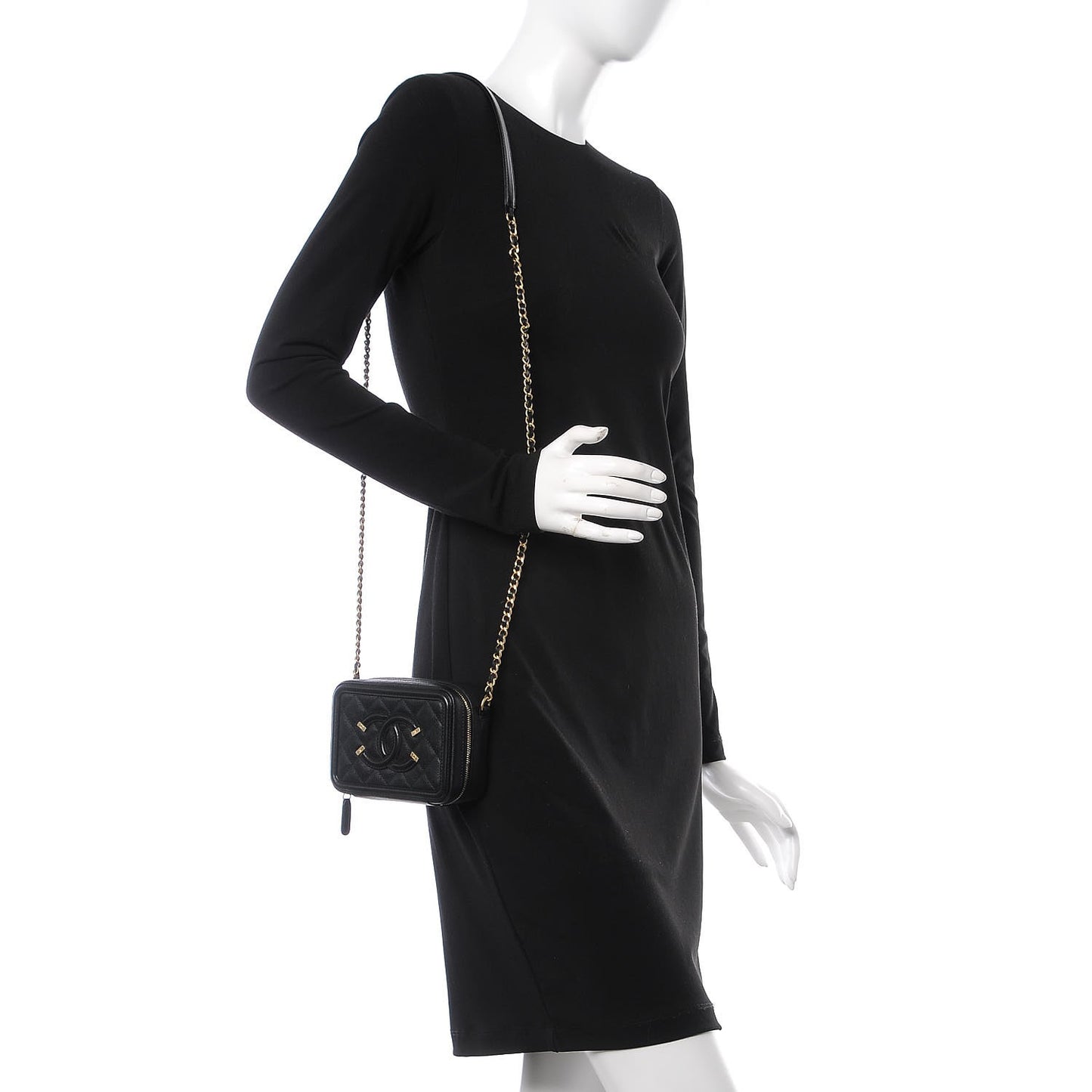 Caviar Quilted CC Filigree Vanity Clutch With Chain Black