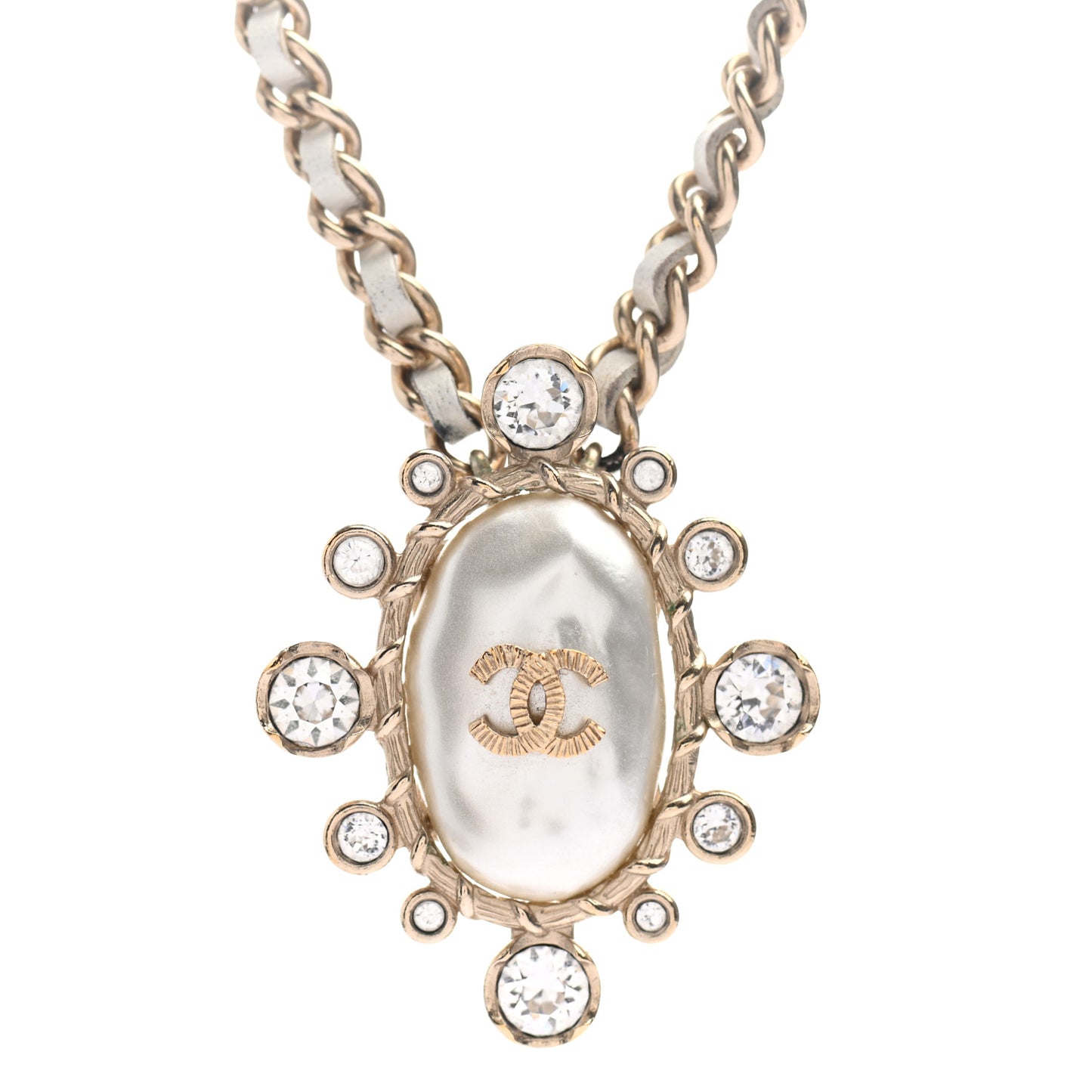 Lambskin Pearl Crystal CC Pendant Necklace Gold