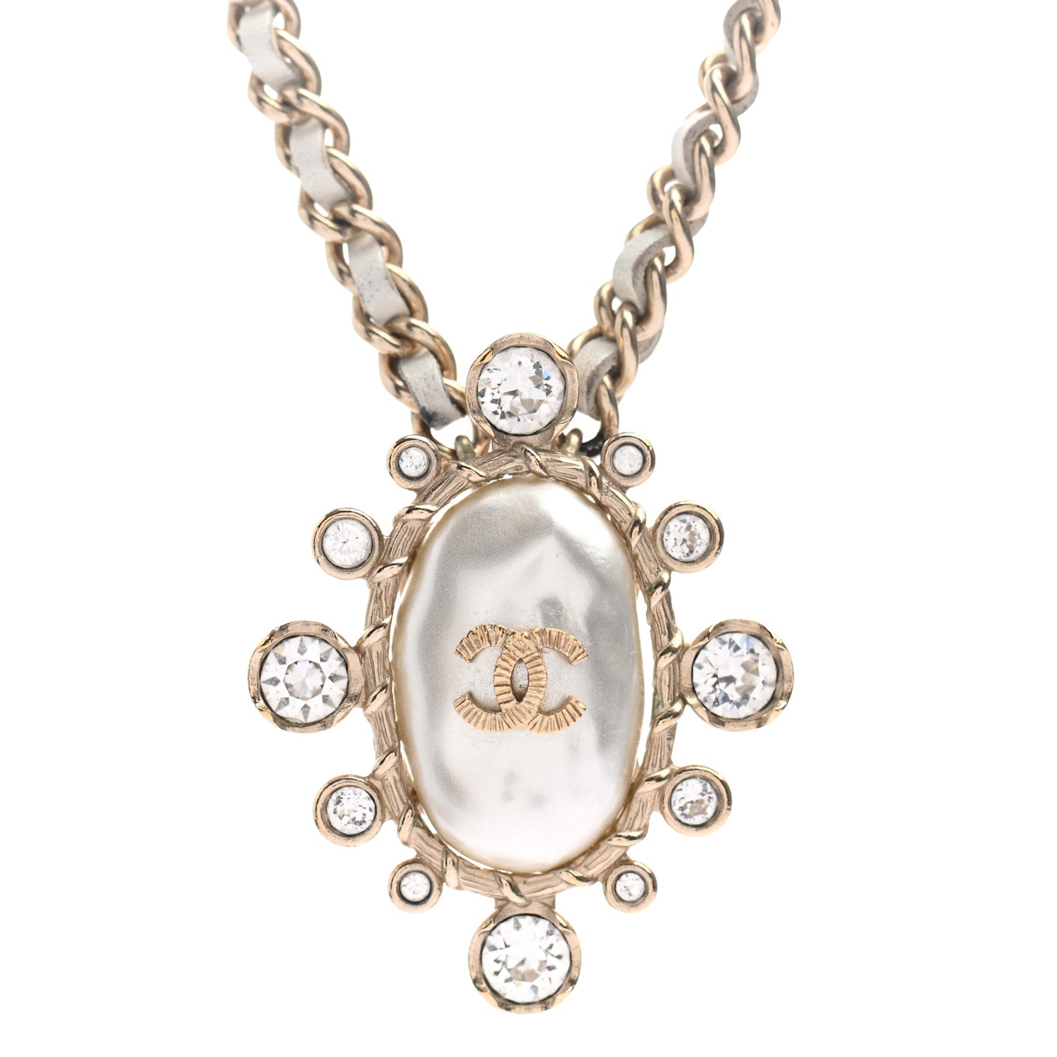 Chanel Lambskin Pearl Crystal CC Pendant Necklace Gold 4 of 5