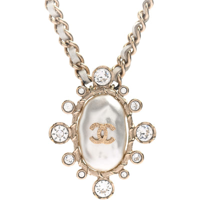 Chanel Lambskin Pearl Crystal CC Pendant Necklace Gold 4 of 5