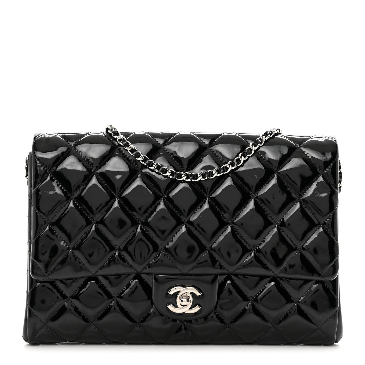 Patent Quilted Clutch with Chain Flap Black