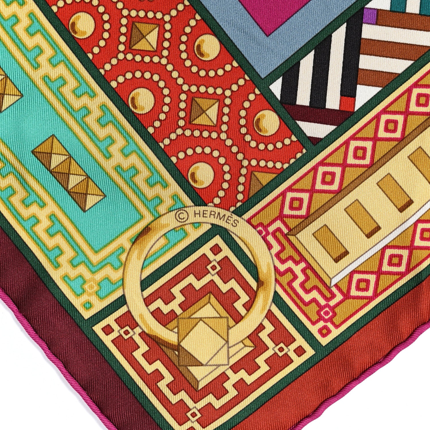 Hermes Silk Colliers de Chiens Scarf 90 Fuchsia Turquoise Grenat 2 of 7