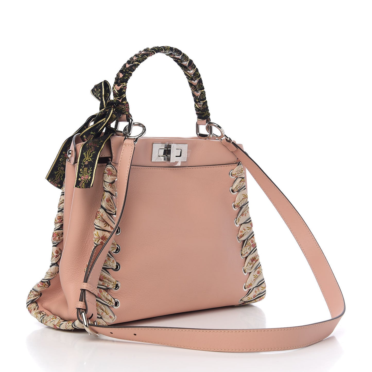 Vitello Seta Shiny Nappa Ribbon Lace Up Floral Medium Peekaboo Iconic Satchel Baby Pink Multicolor