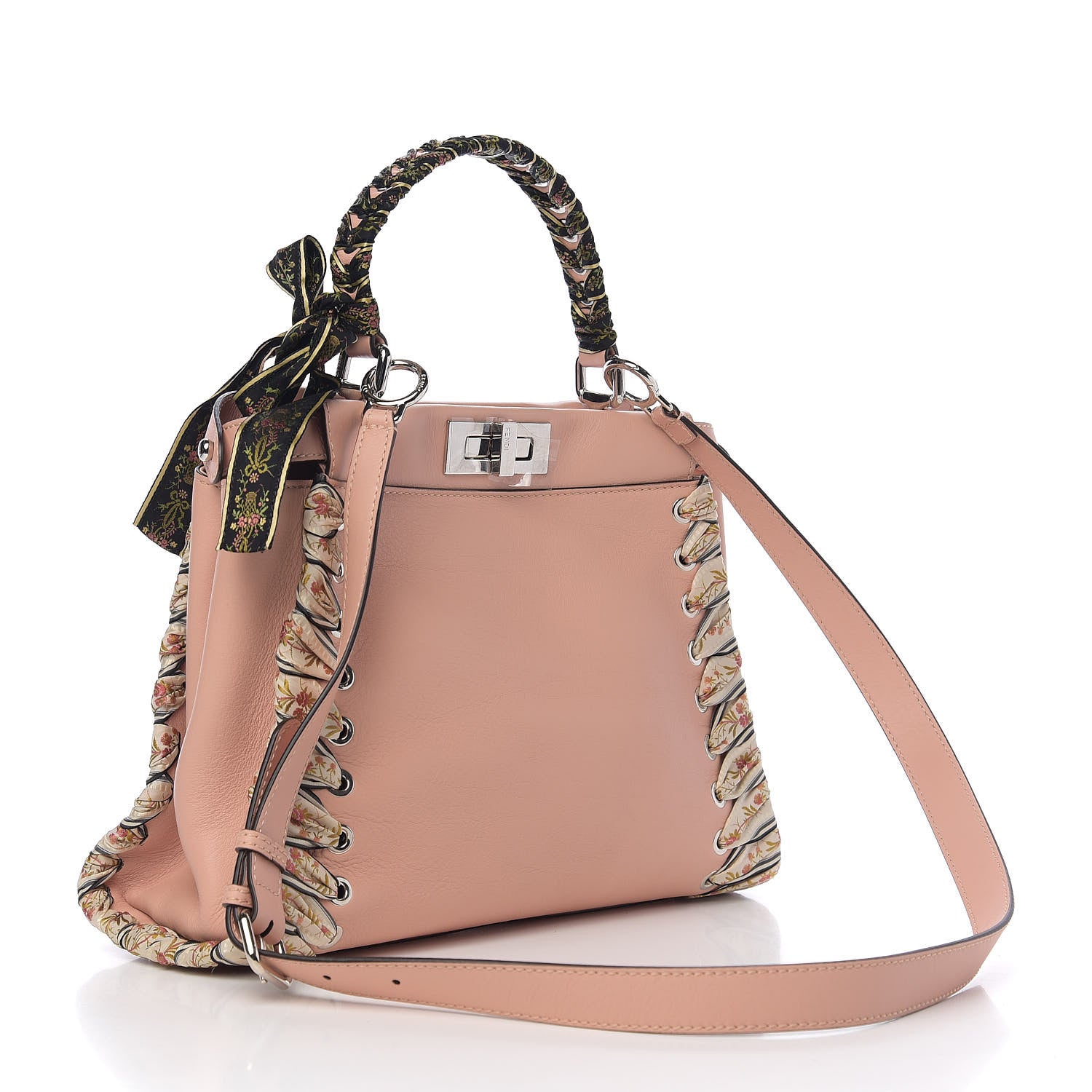 Fendi Vitello Seta Shiny Nappa Ribbon Lace Up Floral Medium Peekaboo Iconic Satchel Baby Pink Multicolor 2 of 10