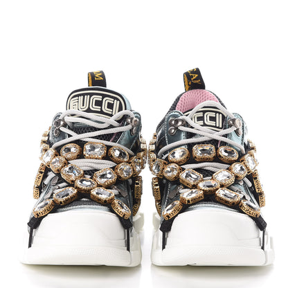 Gucci X SEGA Metallic Calfskin Removable Crystals Womens Flashtrek Sneakers 36.5 Lago Loess Silver 2 of 9