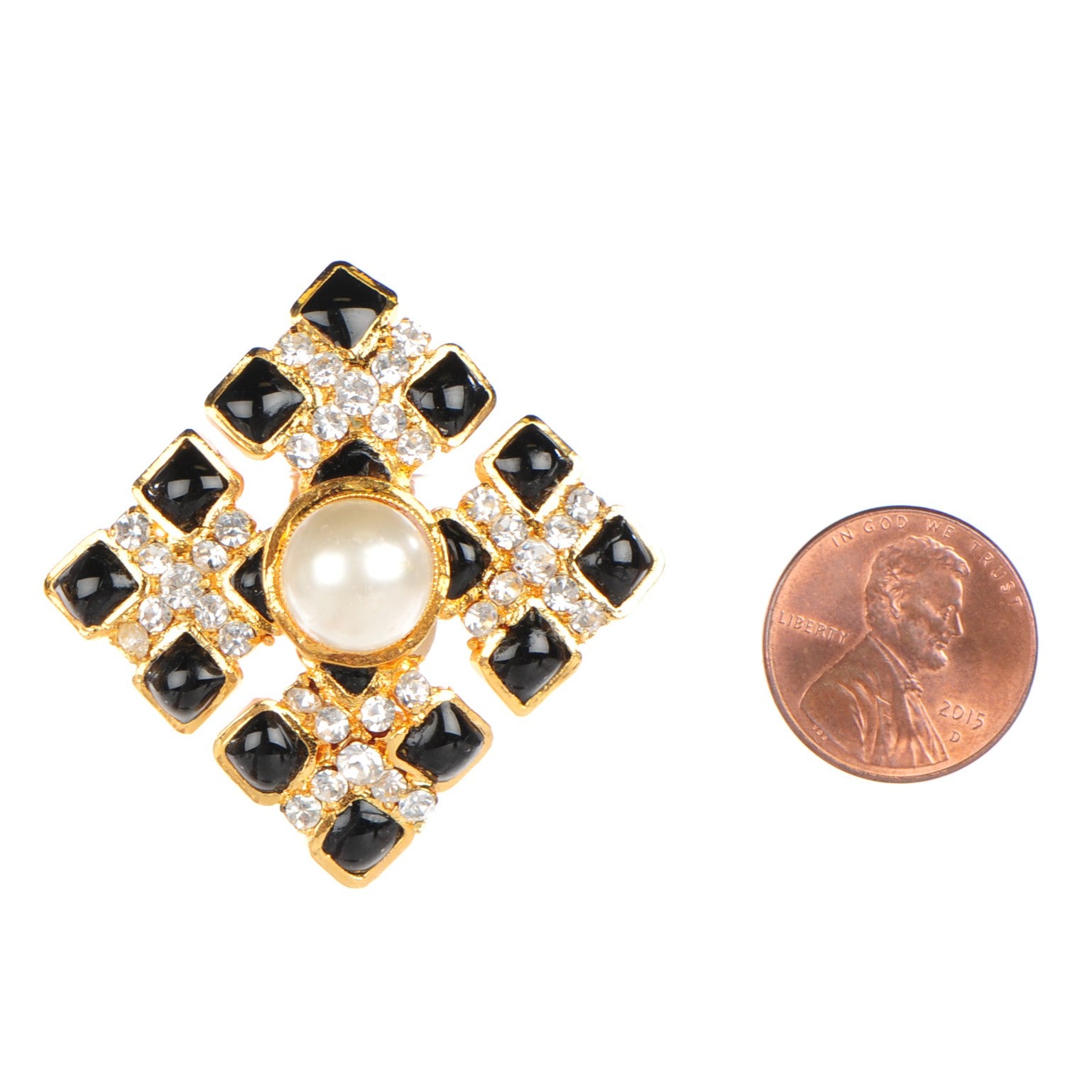 Chanel Enamel Crystal Pearl Clip On Earrings Black and Gold 2 of 4