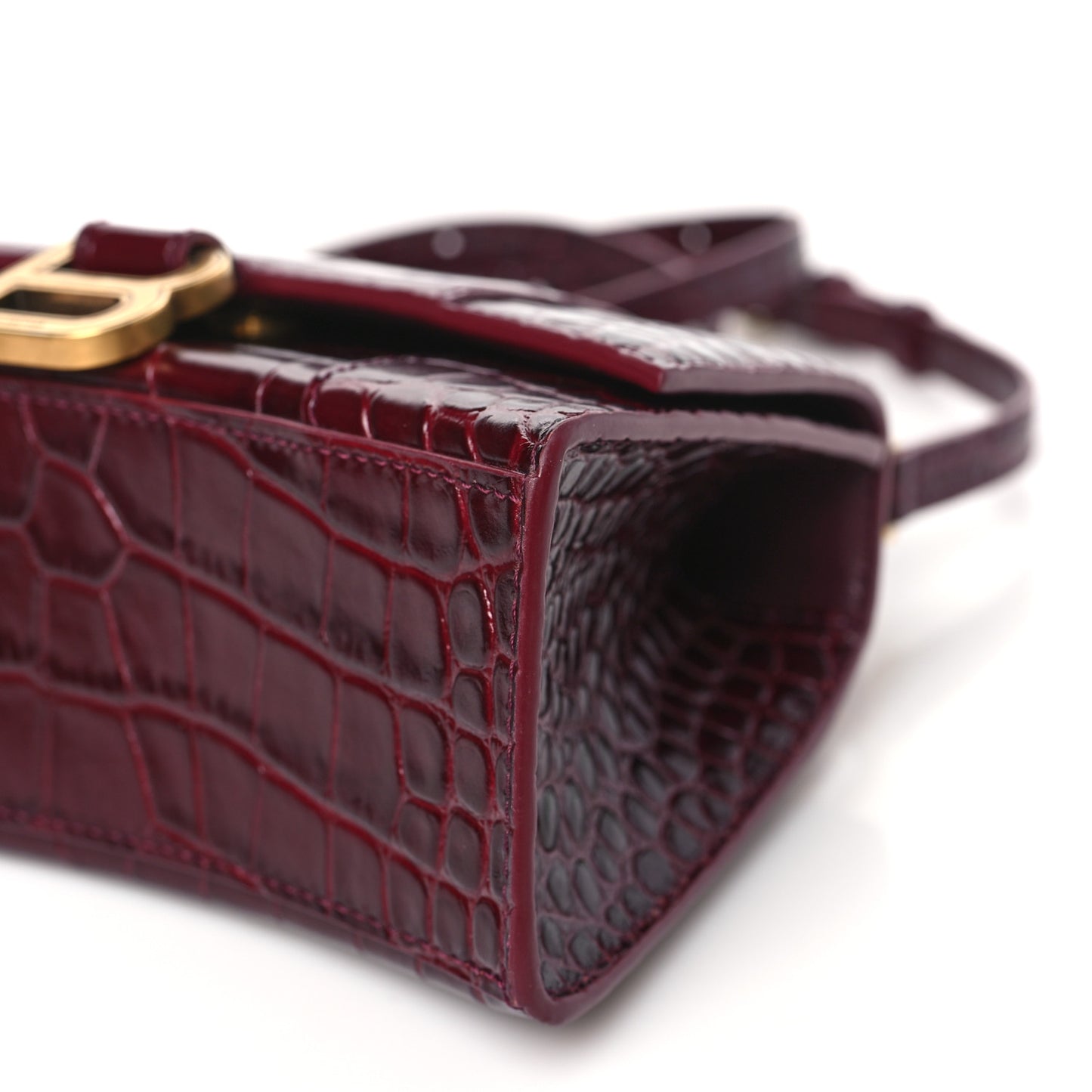 Shiny Calfskin Crocodile Embossed Hourglass Top Handle Bag XS Dark Red