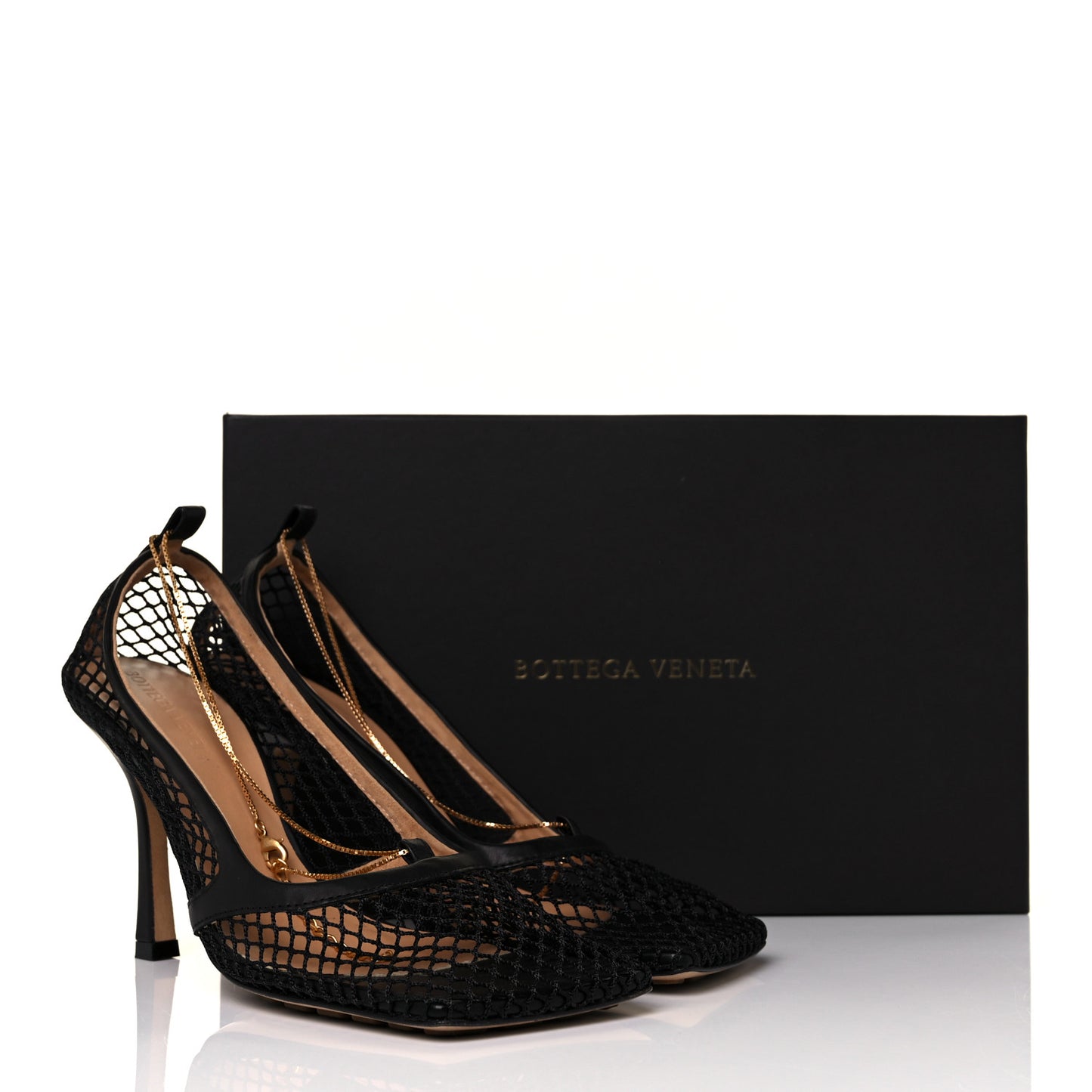Mesh Calfskin Chain Stretch Pumps 37.5 Black