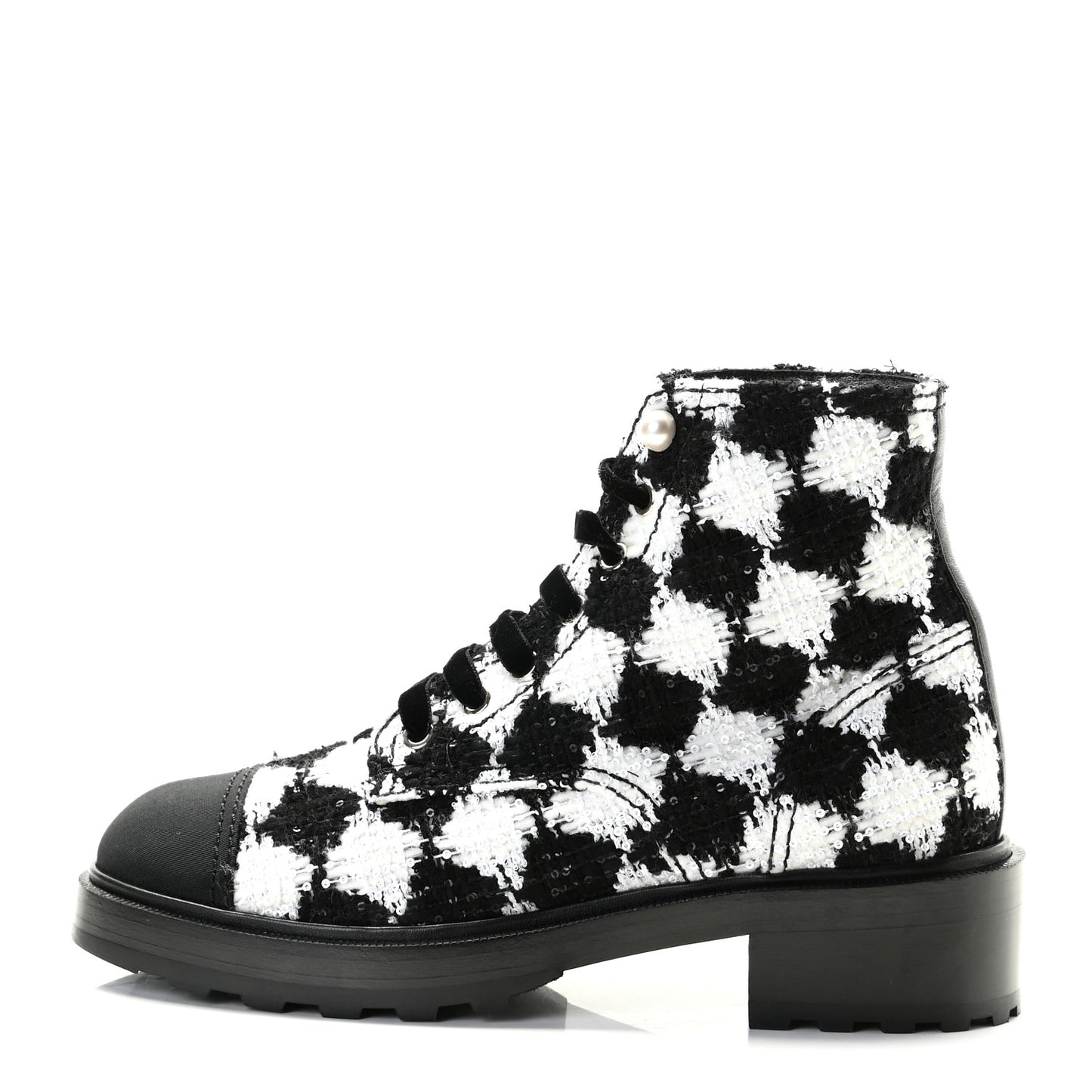 Tweed Grosgrain Pearl Combat Short Boots 40.5 White Black