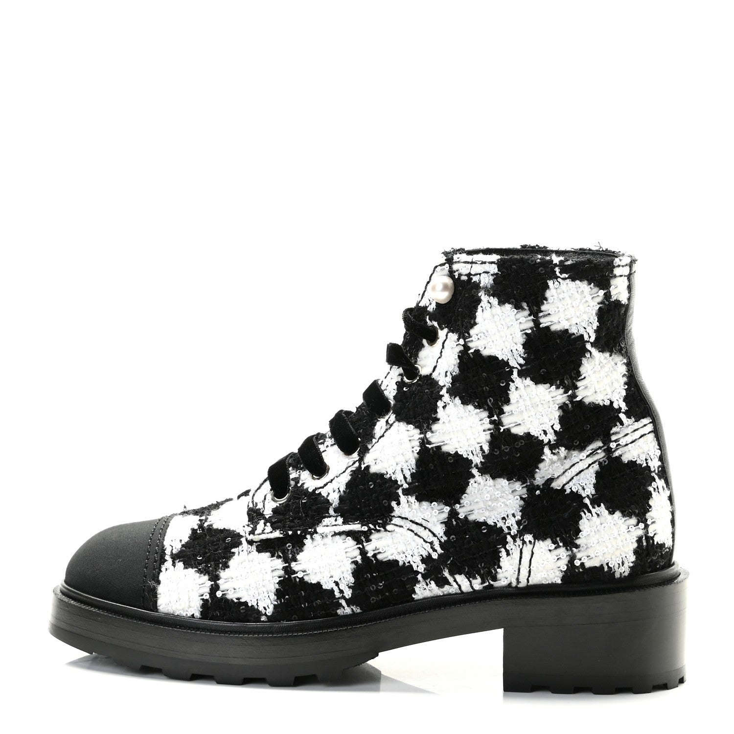 Chanel Tweed Grosgrain Pearl Combat Short Boots 40.5 White Black 1 of 11