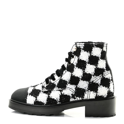 Chanel Tweed Grosgrain Pearl Combat Short Boots 40.5 White Black 1 of 11