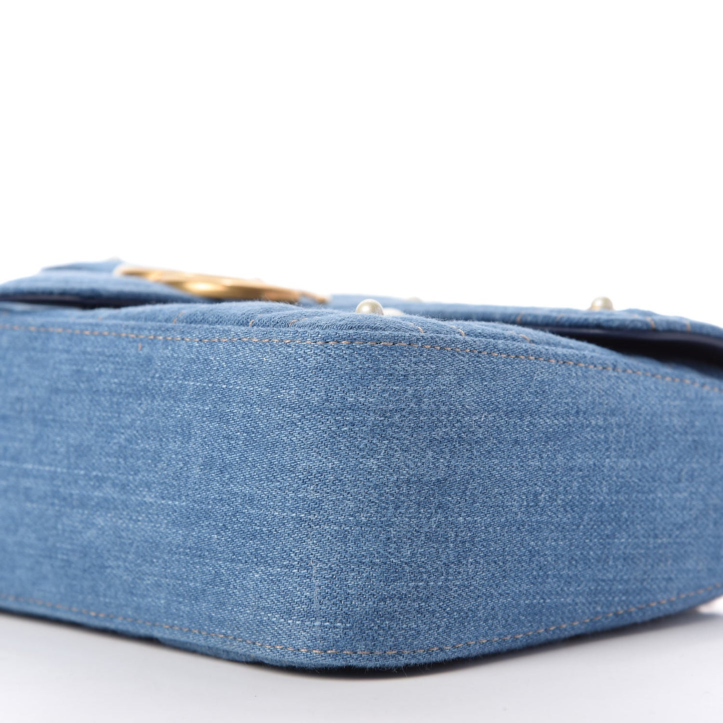 Denim Matelasse Pearl Studded Small GG Marmont Shoulder Bag Blue