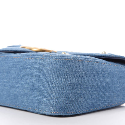 Gucci Denim Matelasse Pearl Studded Small GG Marmont Shoulder Bag Blue 7 of 9