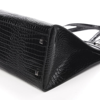 Saint Laurent Shiny Calfskin Crocodile Embossed Medium Manhattan Shopper Tote Black 8 of 9