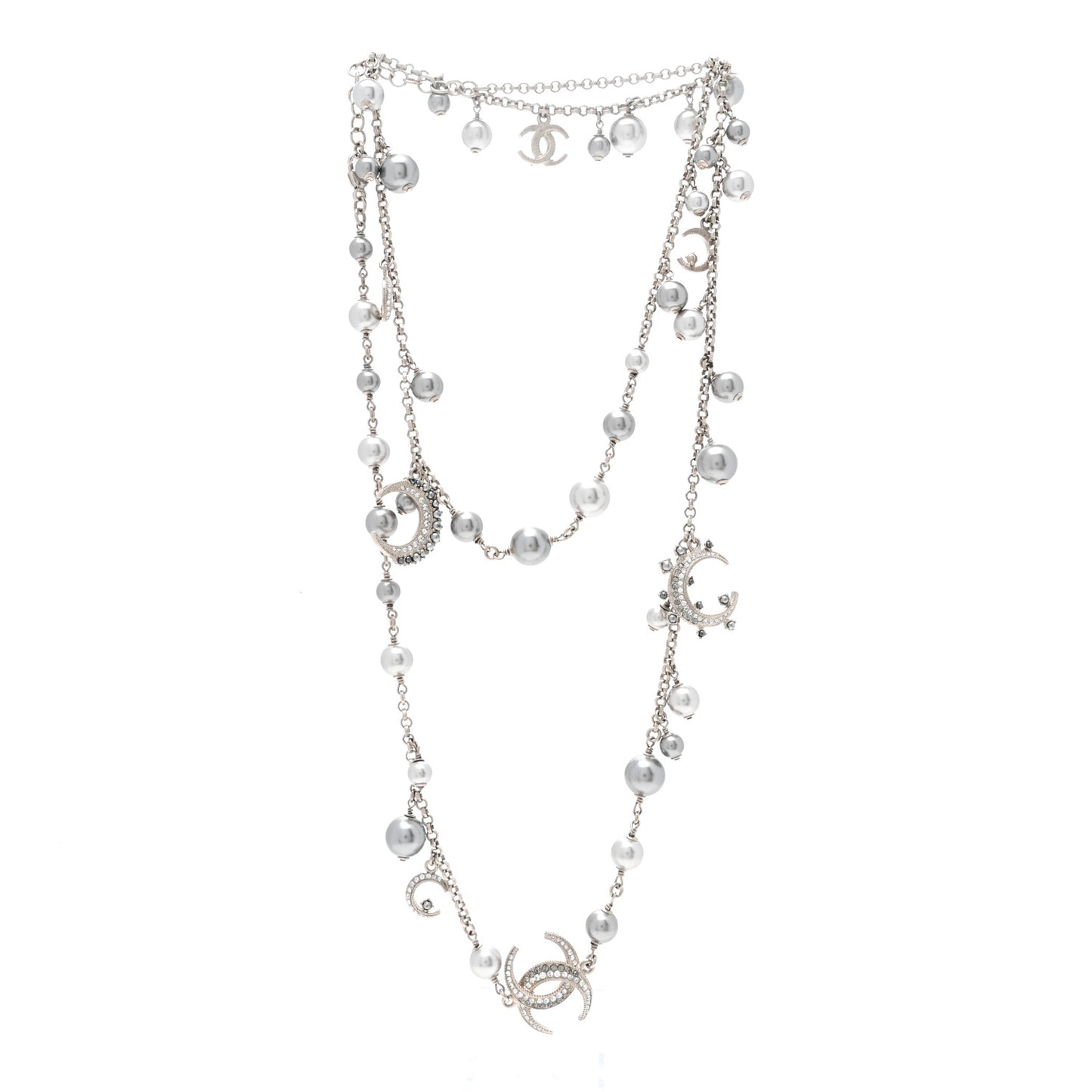 Crystal Pearl CC Moon Long Necklace Silver Grey