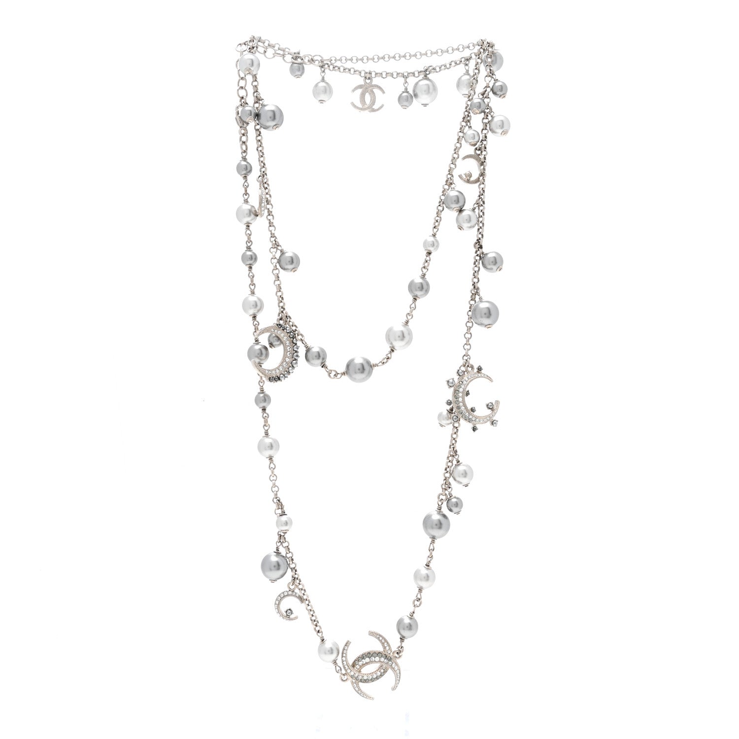 Chanel Crystal Pearl CC Moon Long Necklace Silver Grey 4 of 6