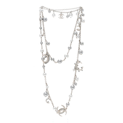 Chanel Crystal Pearl CC Moon Long Necklace Silver Grey 4 of 6