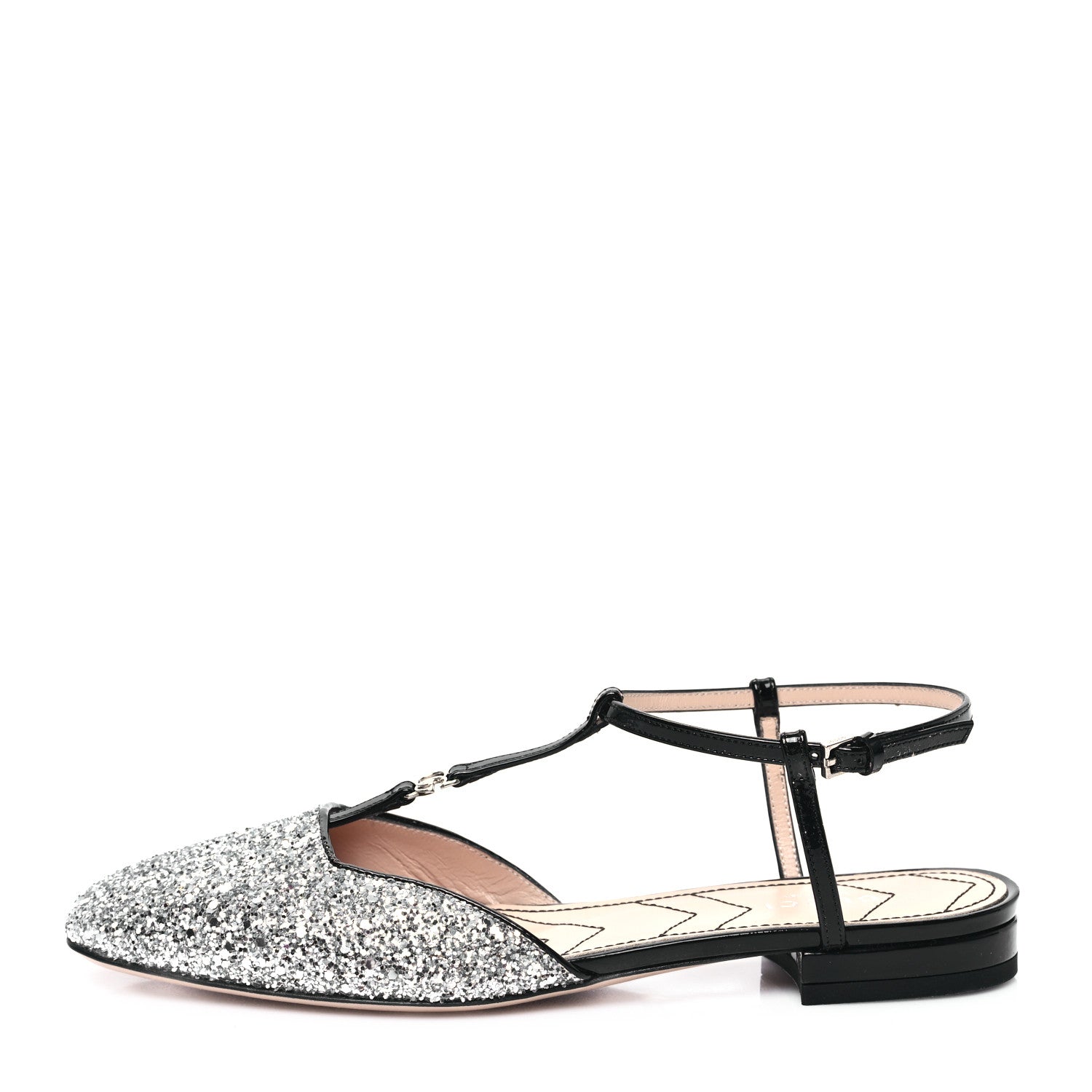 Gucci Calfskin Glitter Double G Slingback Flats 36.5 Silver Black 1 of 7