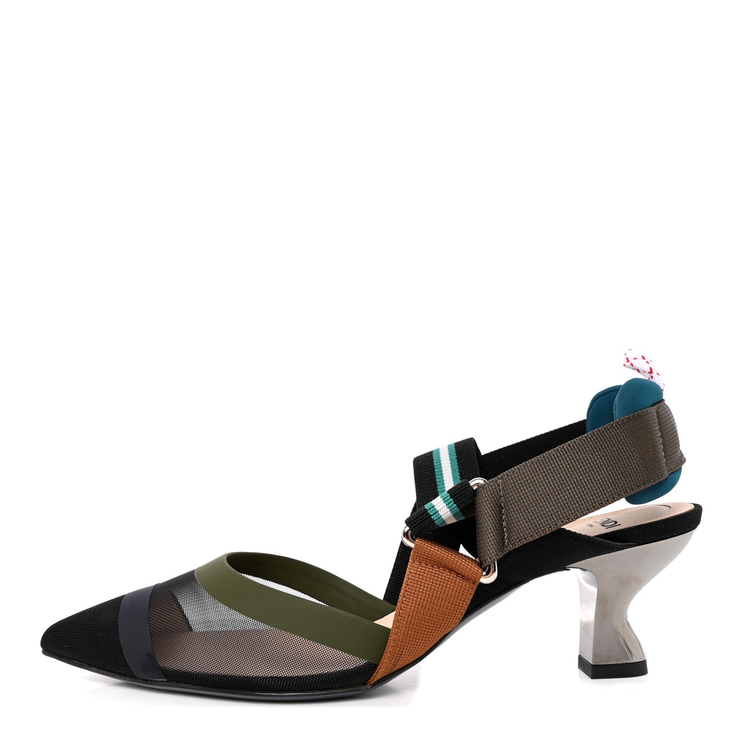 Fendi Technical Mesh Colibri 55mm Slingback Pumps 37 Black Verde Military 1 of 10