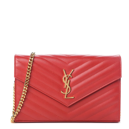 Saint Laurent Grain De Poudre Matelasse Chevron Monogram Chain Wallet New Red 1 of 11
