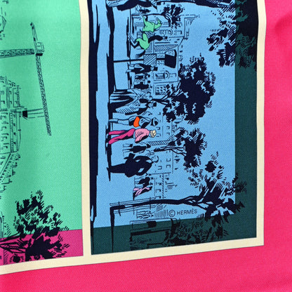 Hermes Silk A l'Ombre des Boulevards Scarf 90 Rose Vif Vert Bleu 3 of 4
