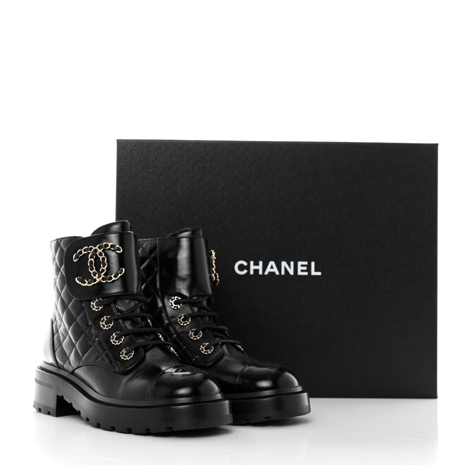 Chanel Shiny Calfskin Quilted Lace Up Combat Boots 36 Black 9 of 9