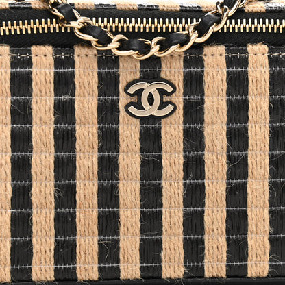 Chanel Raffia Jute Striped Small Vanity Case With Chain Black Beige 8 of 11
